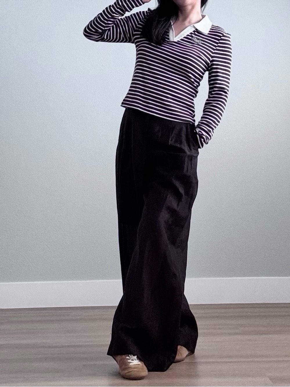 Striped Ribbed Polo Long Sleeve Top